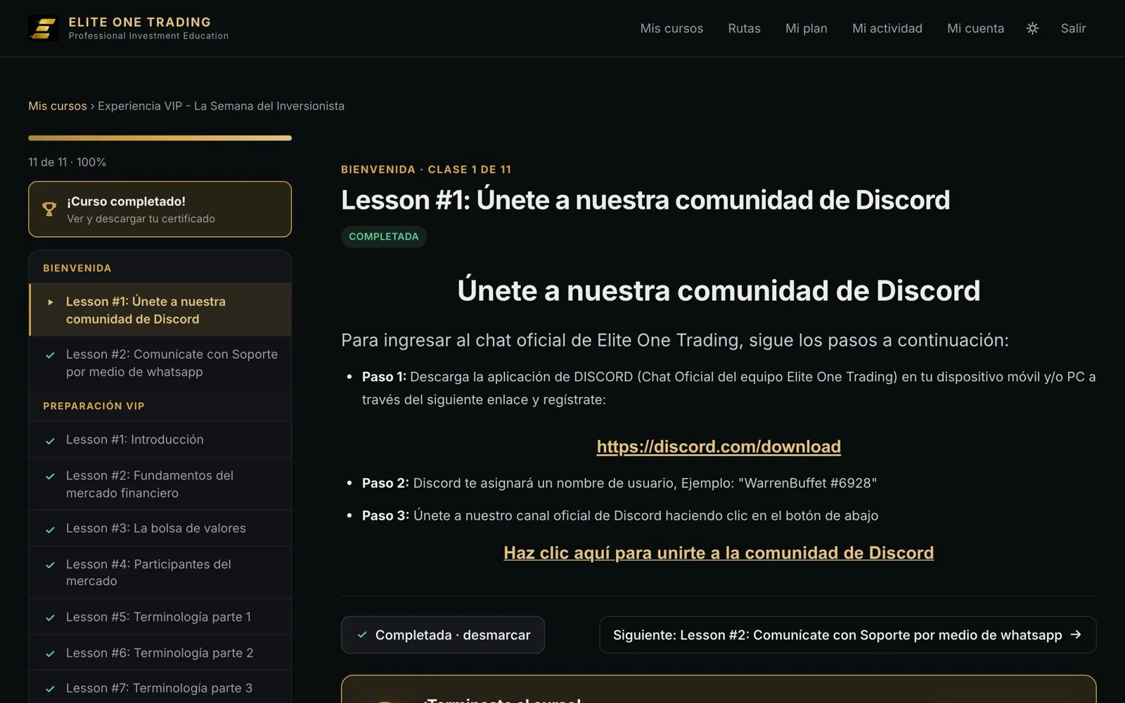 Aviso Curso completado sobre el índice