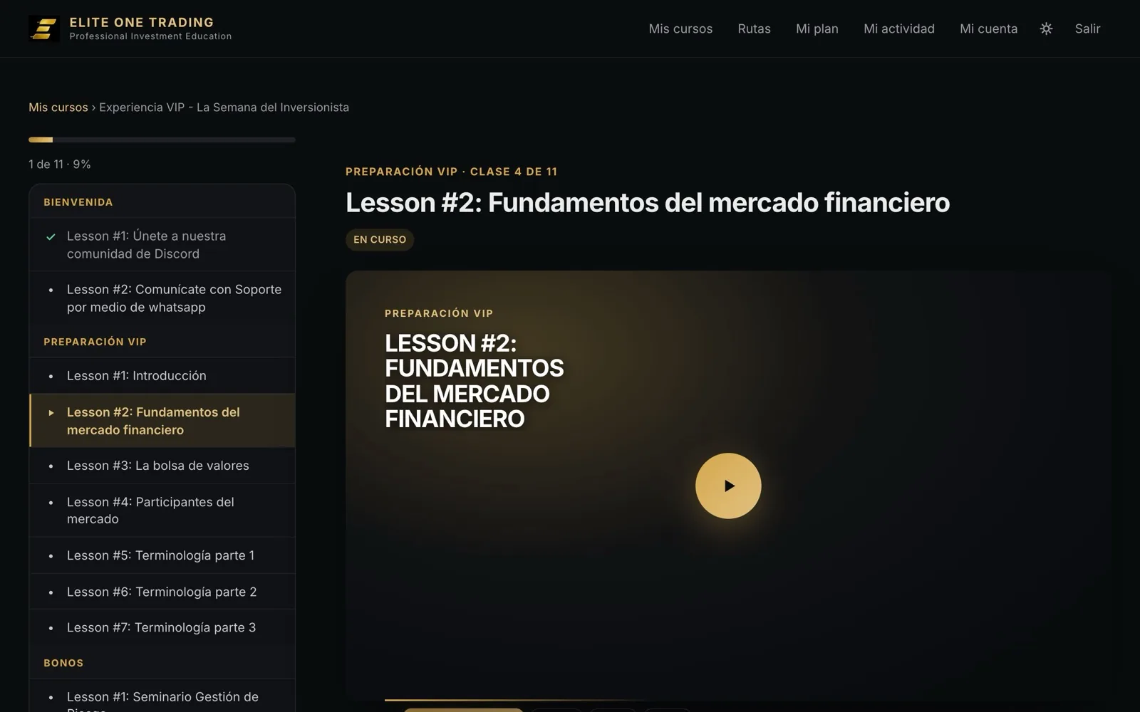 Pantalla de una clase con el índice del curso